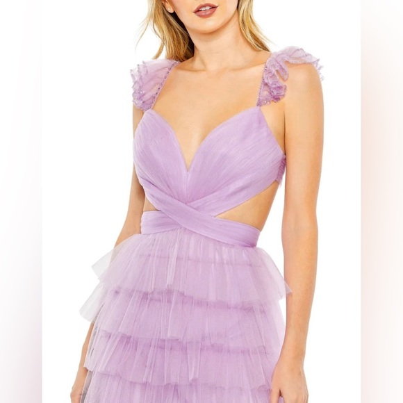 NEW Mac Duggal Lilac Ruffle Tiered Maxi Dress with Criss Cross Open Back NWT 4 - Picture 2 of 14